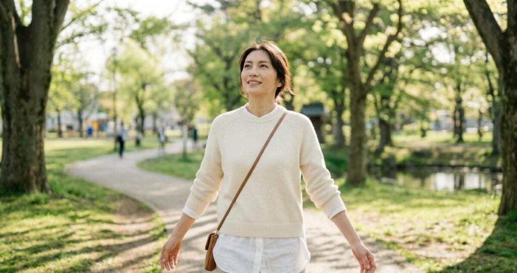 前向きな気持ちを取り戻し始めた女性
公園を歩く女性
柔らかな笑顔
自然の中で深呼吸するような姿
