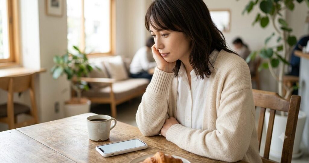 返信を待ちながらスマホを見つめる女性
女性はスマホを見ながら物思いにふける

