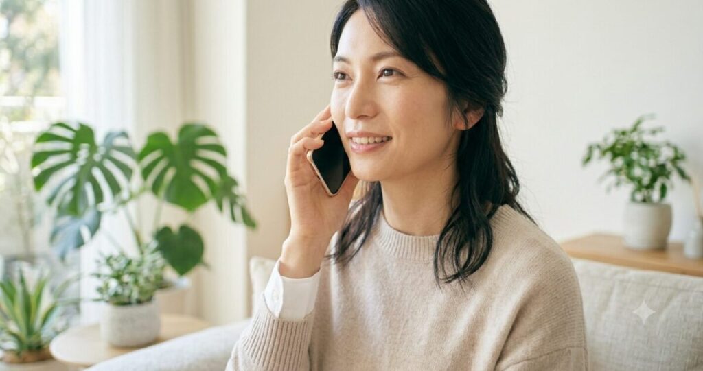 電話占い相談を通じて気持ちを整理している女性
室内で電話をしながら安心した表情を見せる女性
