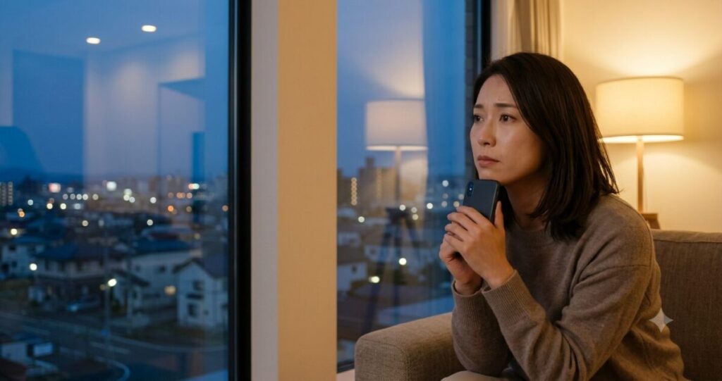 不倫相手の気持ちが分からず悩む女性
窓際に座る30代前後の日本人女性。
スマートフォンを握りながら考え込むような表情で遠くを見つめている。
