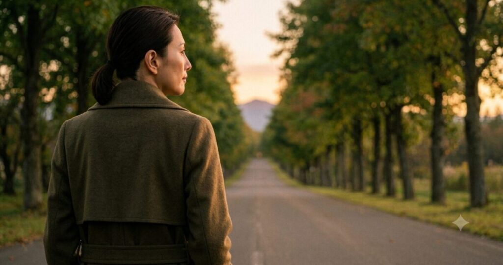 未来が見えず悩む女性
一本道が遠くまで続く風景。
手前に女性の後ろ姿。
未来への不安と迷いを象徴する構図。
