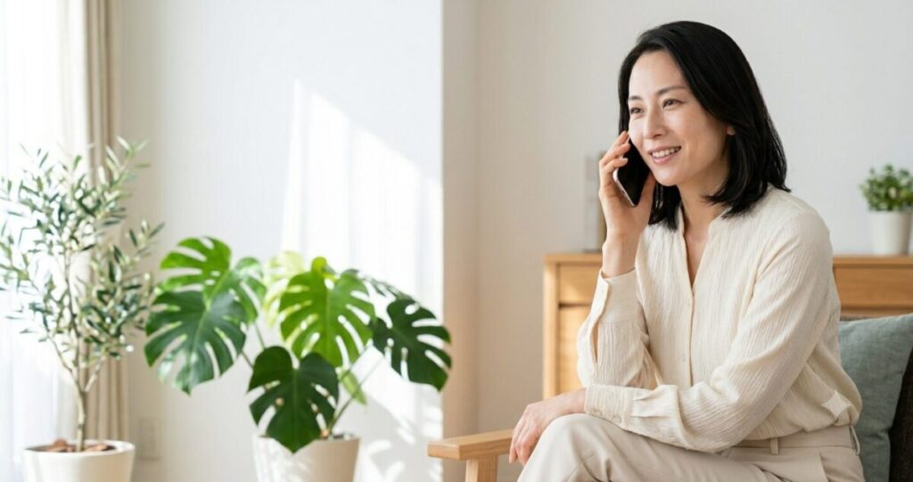 安心して相談する女性
室内でスマホを耳に当てる女性。
表情は穏やか。
悩みを話して少し安心した雰囲気。
