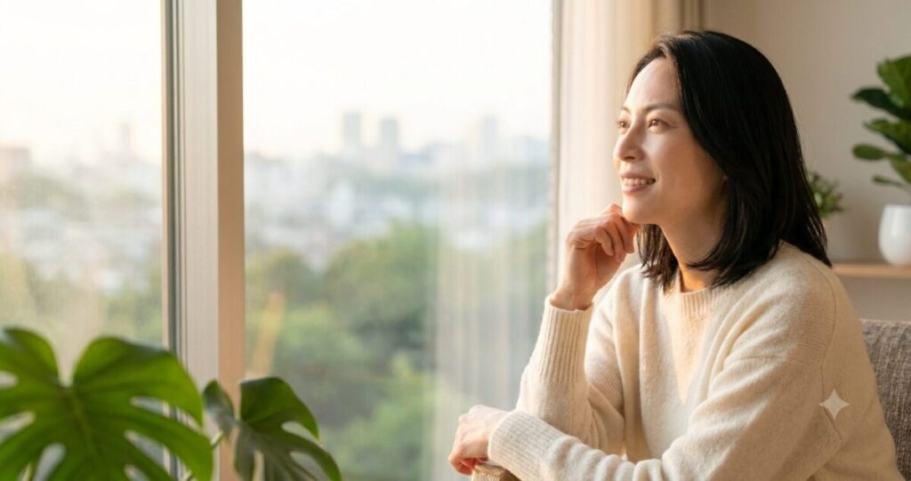 前向きな気持ちを取り戻した女性
女性が穏やかな表情で外を見ている。
未来へ進む希望を感じる雰囲気。
