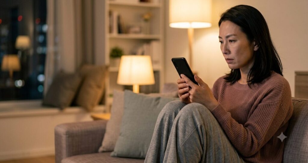 何度もスマホを確認してしまう女性
ソファに座る女性。
スマホを強く握りながら何度も画面を見ている。
返信を待つ不安な様子。
