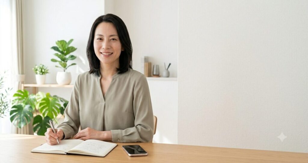 信頼できる相談相手を探すイメージ
ノートやスマートフォンを前に情報を調べる女性。
前向きな表情。
未来へ進もうとする雰囲気。
