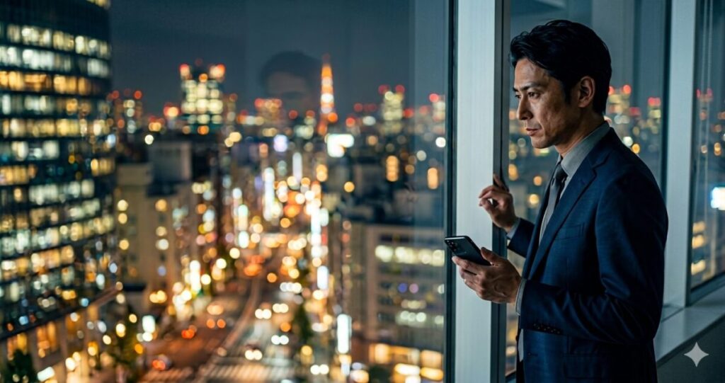 家庭を持つ既婚男性が不倫相手への気持ちと現実の狭間で葛藤している心理状態
オフィスビル高層階の窓際に立つ。
スマホを握りながら遠くを見つめている40代前後の男性
