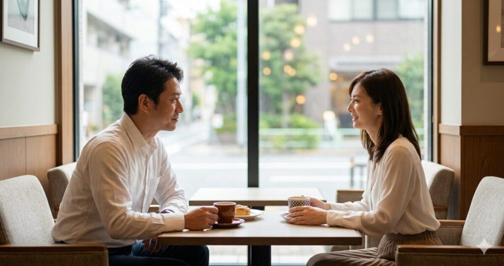 本気の恋愛に見られる安心感や信頼感 30代女性と40代男性。 男性が女性の話を優しく聞いている