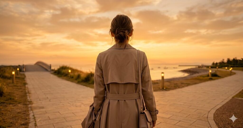 夕暮れの遊歩道。
道が複数方向へ分かれている。
30代女性の後ろ姿。
立ち止まりながら前方を見つめている。
