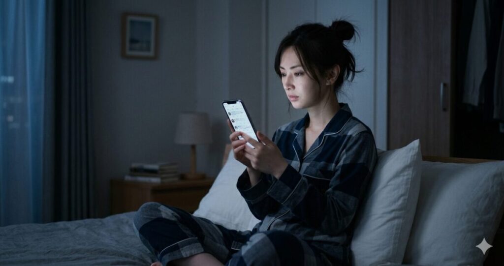 相手の気持ちを知りたいあまり、SNSや連絡を気にし続けてしまう女性心理を表現
30代女性,ベッドやソファに座る。
スマホ画面を見つめている。
少し疲れた表情。
