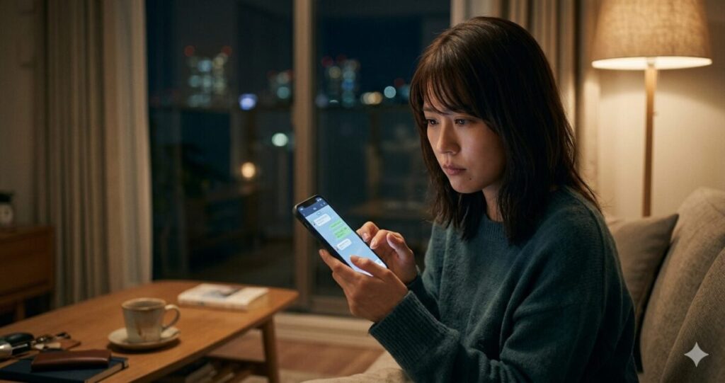 30代〜40代の日本人女性が夜のリビングでスマートフォンを見つめている
画面にはメッセージアプリが開いているが返信はなく、女性は不安そうな表情を浮かべている。
