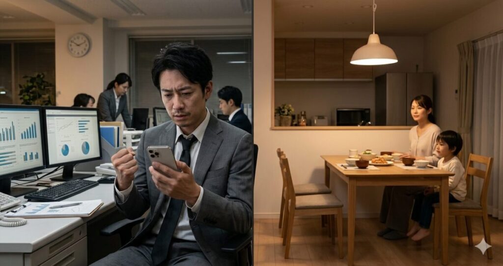 スーツ姿の既婚男性がオフィスと家庭の間で板挟みになっていることを表現したイメージ
左側に残業中のオフィス、右側に家族が待つ自宅風景。
男性は疲れた表情でスマートフォンを握りしめている。
