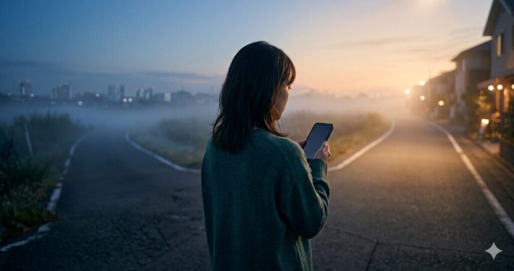 夜明け前の道が左右に分かれており、一方は明るい光へ続き、もう一方は霧の中へ続いている。
手前にはスマートフォンを持つ女性の上半身の後ろ姿。
希望と不安が共存
