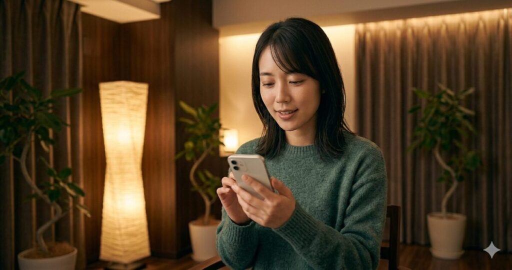 落ち着いた室内で女性がスマートフォンを使って占い師に相談している。
表情は少し安心した様子。
