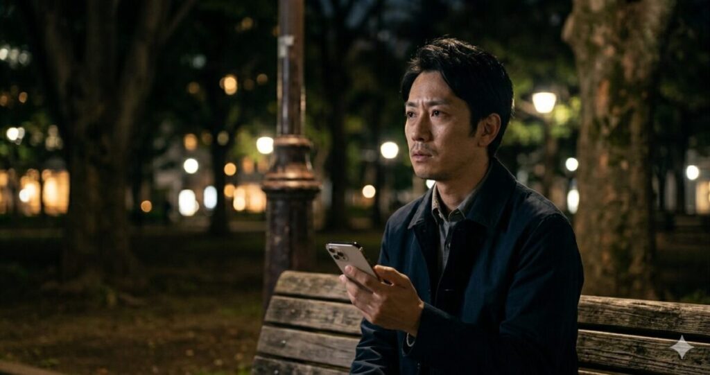男性が一人で夜の公園のベンチに座り考え込んでいる
スマートフォンを手に持ちながら遠くを見つめている
