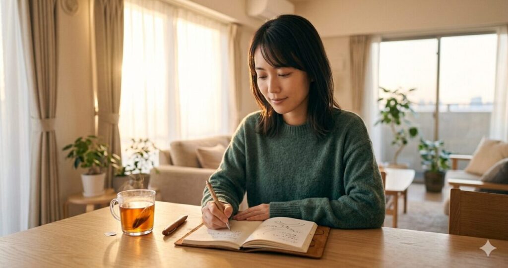 朝の柔らかな光が差し込む部屋で、女性がノートに気持ちを書き出しているシーン。
テーブルには温かい紅茶。穏やかな表情で自分自身と向き合っている様子。
心の整理、前向きな変化、自己対話を表現。
