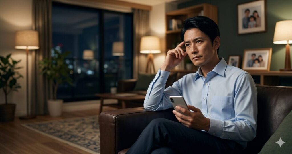 30代〜40代男がソファに腰掛け、スマートフォンを手に持ちながら考え込んでいる。
