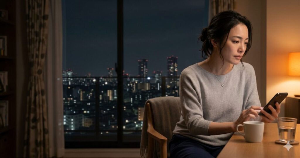 返信を待ちながら不安になる女性 スマートフォンを見つめながら静かに座っている30代女性