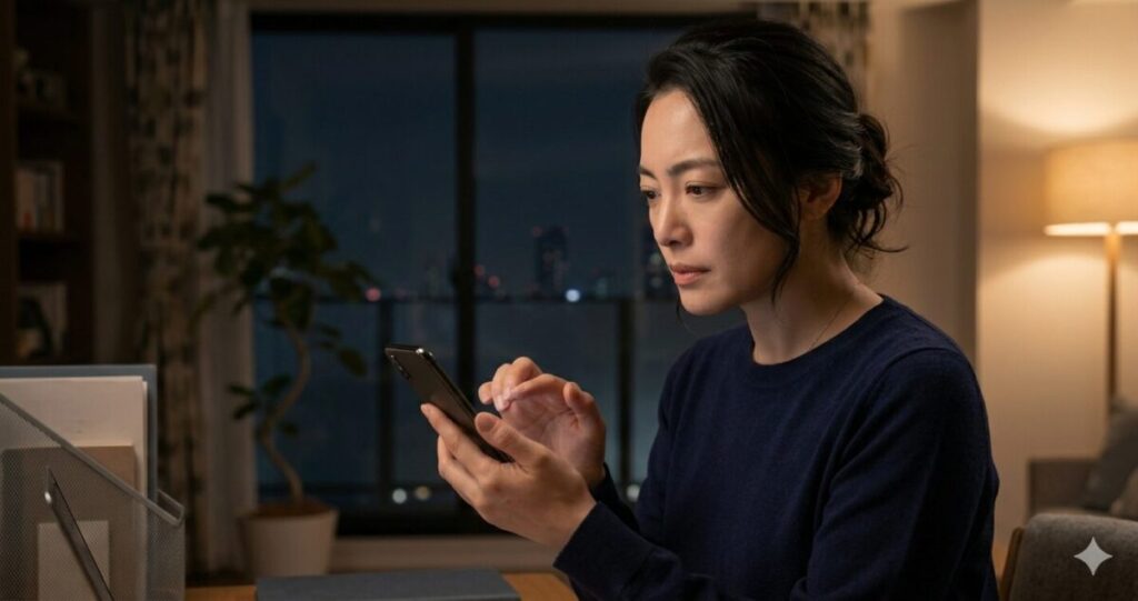 スマホを持つ女性の上半身。
送信直前で手を止めている様子
焦りと迷いが見える表情
