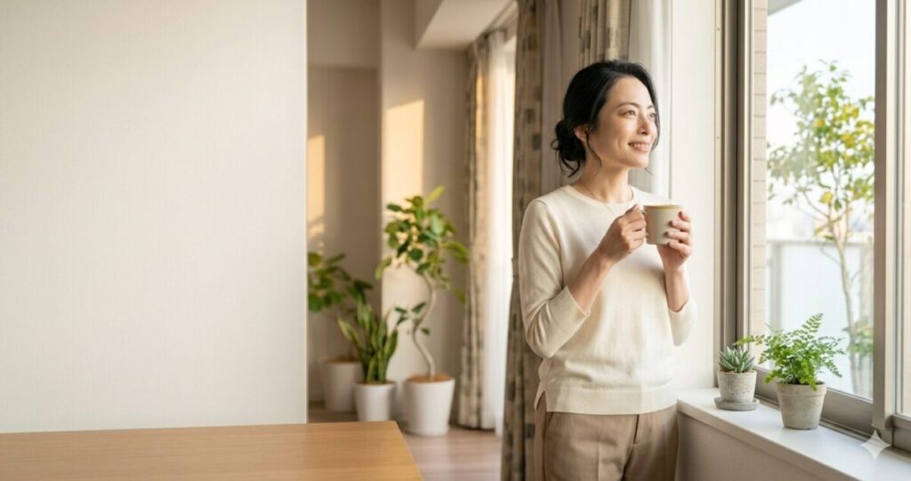 悩みから少し前向きになれた女性 窓際で温かい飲み物を持つ女性。 朝日を浴びながら穏やかに微笑む。