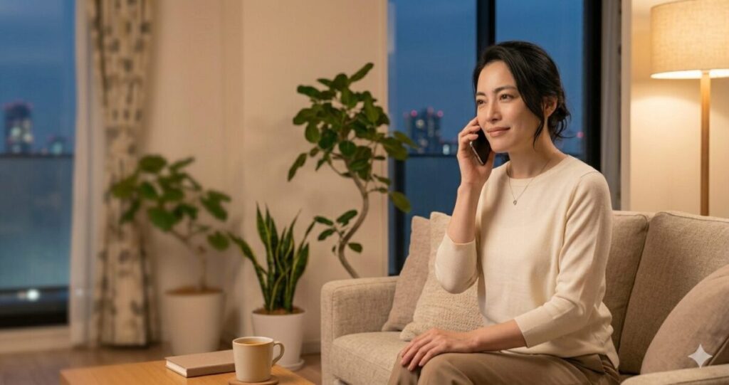 安心して占い師に相談できる時間
女性がソファに座り電話をしている。

