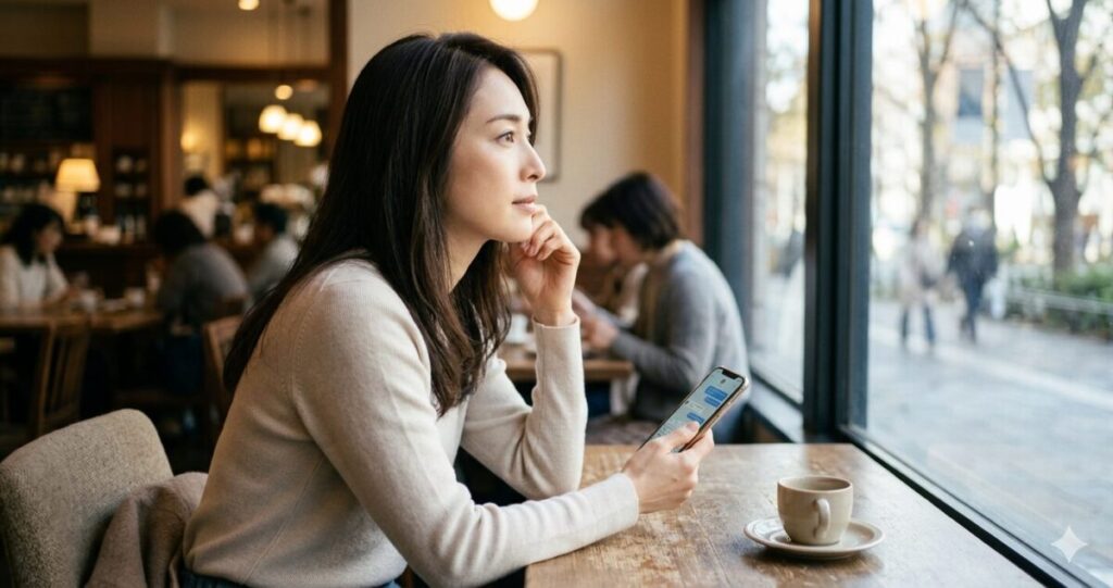 離婚すると言われて期待と不安を抱える女性
30代前後の日本人女性がスマートフォンのメッセージ画面を見ながら考え込んでいる。