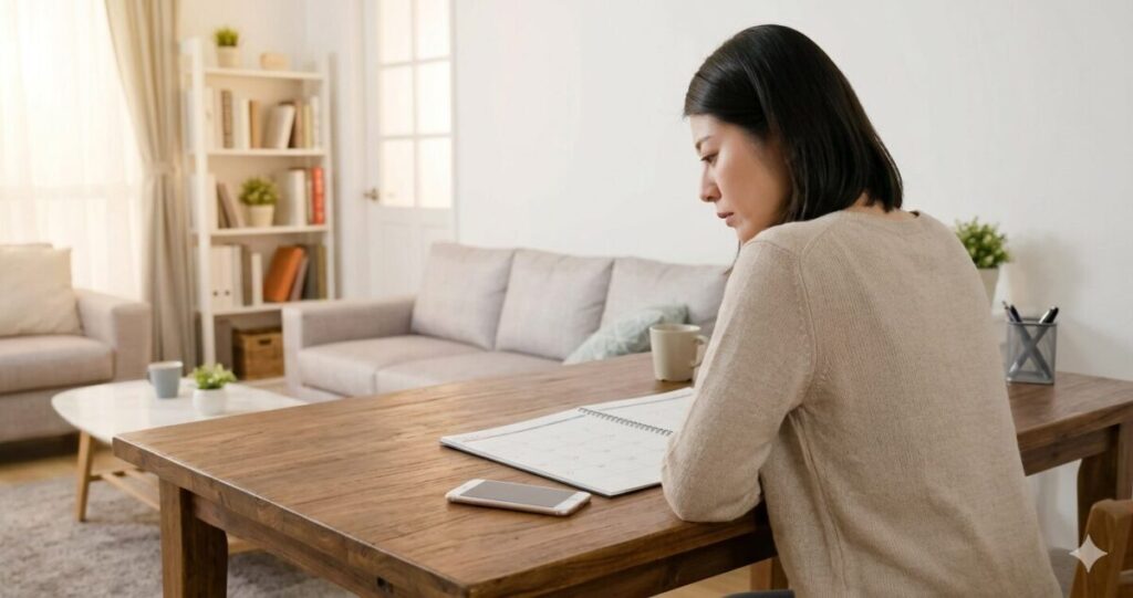 将来が見えず時間だけが過ぎていく不安
リビングのテーブルにスマートフォンとカレンダーが置かれている。
女性が椅子に座りながらカレンダーを見つめている後ろ姿。
