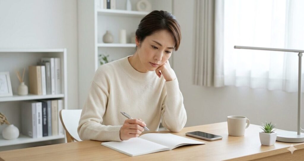 相手の本気度を見極めようとする女性
自宅デスクでノートを開きながら考え込むの女性。
スマートフォンが横に置かれている
