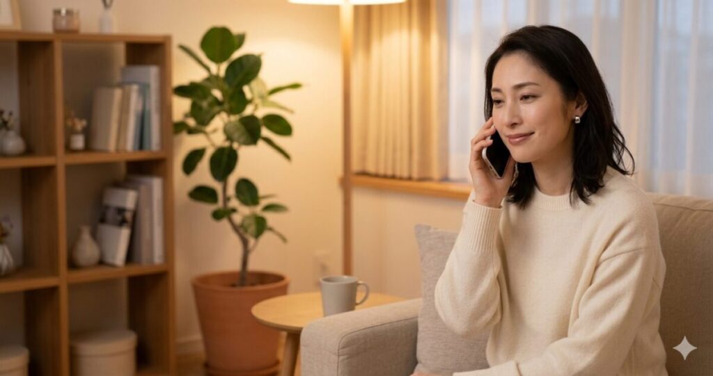 悩みを相談して心が少し軽くなる女性
自宅のソファで女性がスマートフォンを耳に当てながら落ち着いた表情で会話している

