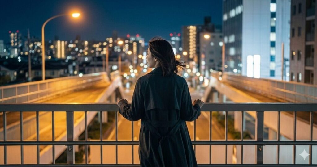 未来への分岐点に立つ女性
夜の街並みを見下ろせる歩道橋で女性が一人で立ち止まり遠くを見ている。