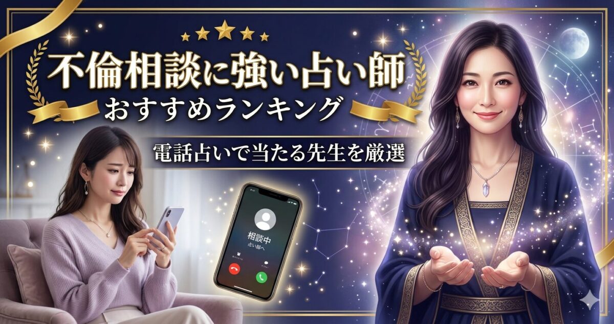 不倫相談に強い占い師 おすすめランキング 電話占いで当たる先生を厳選 ・画面右側に神秘的で信頼感のある女性占い師 ・画面左側に恋愛や不倫の悩みを抱える30代前後の女性 ・女性は少し切なそうな表情でスマートフォンを握っている