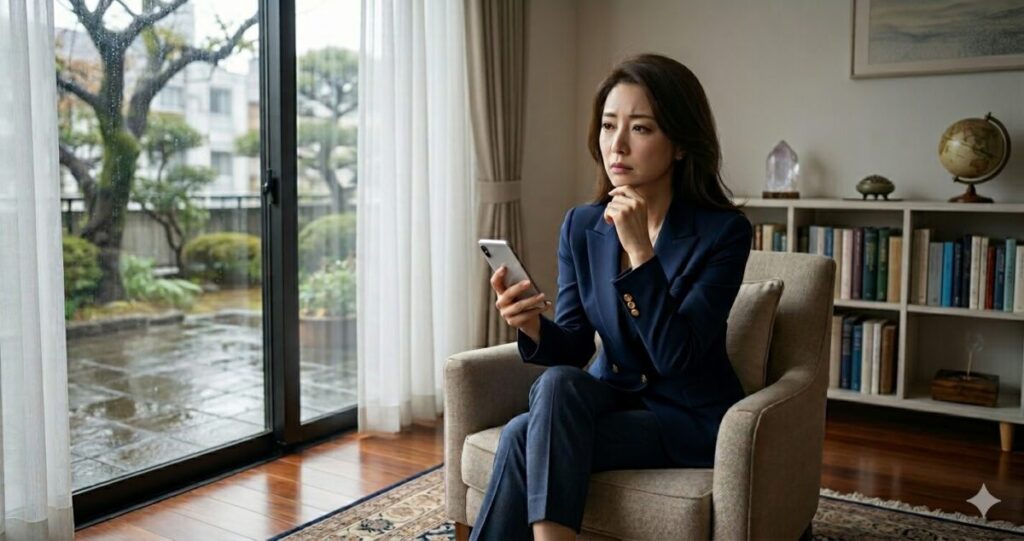 スマートフォンを見ながら不倫の悩みを抱えている様子
