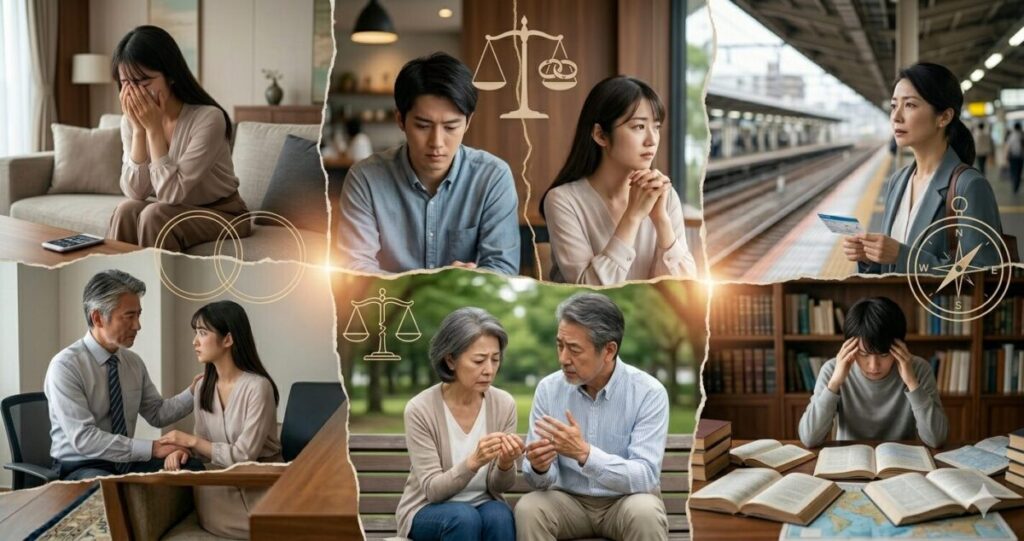・複数の悩みを抱える男女
・既婚男性との恋愛
・ダブル不倫
・復縁
・将来への不安
などを象徴するシーンをコラージュ
