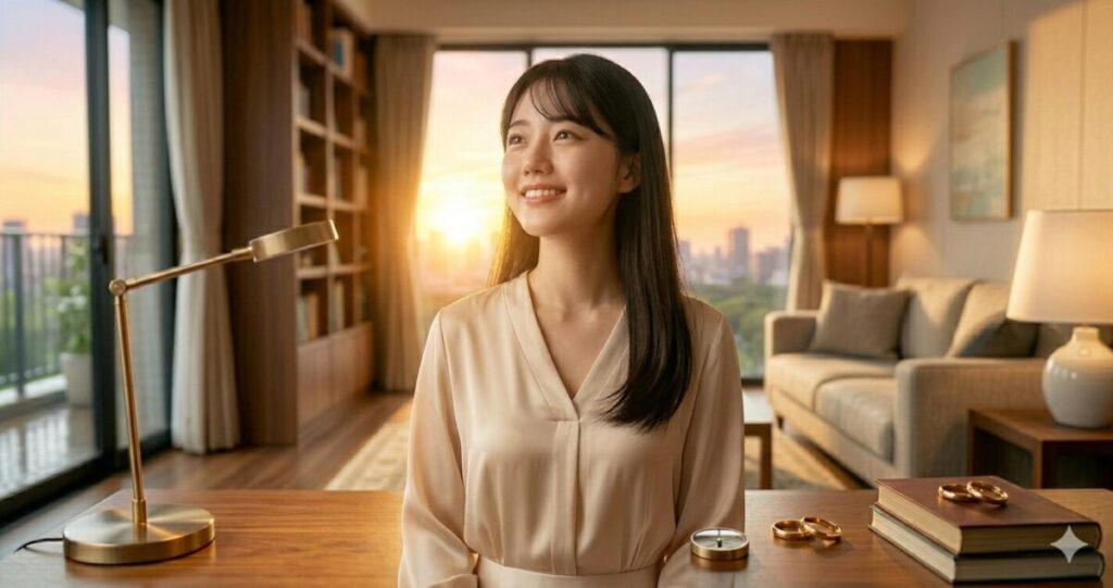 ・希望に満ちた表情の女性
・朝日や光が差し込む未来を象徴する背景
・恋愛の悩みから解放されたような演出
・前向きな一歩を踏み出すイメージ
