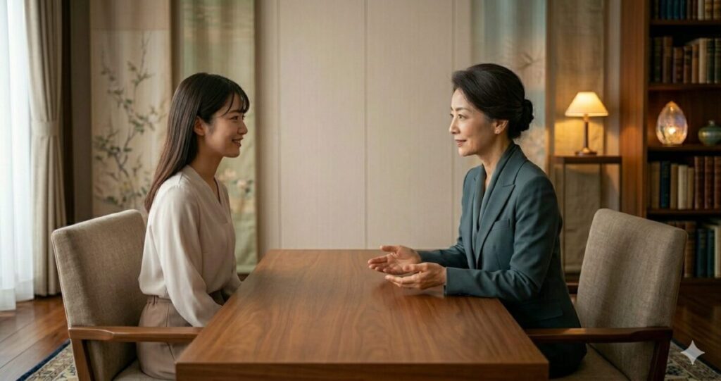 ・悩みを抱える女性と占い師が向かい合う様子
・相談者が安心した表情へ変化している
