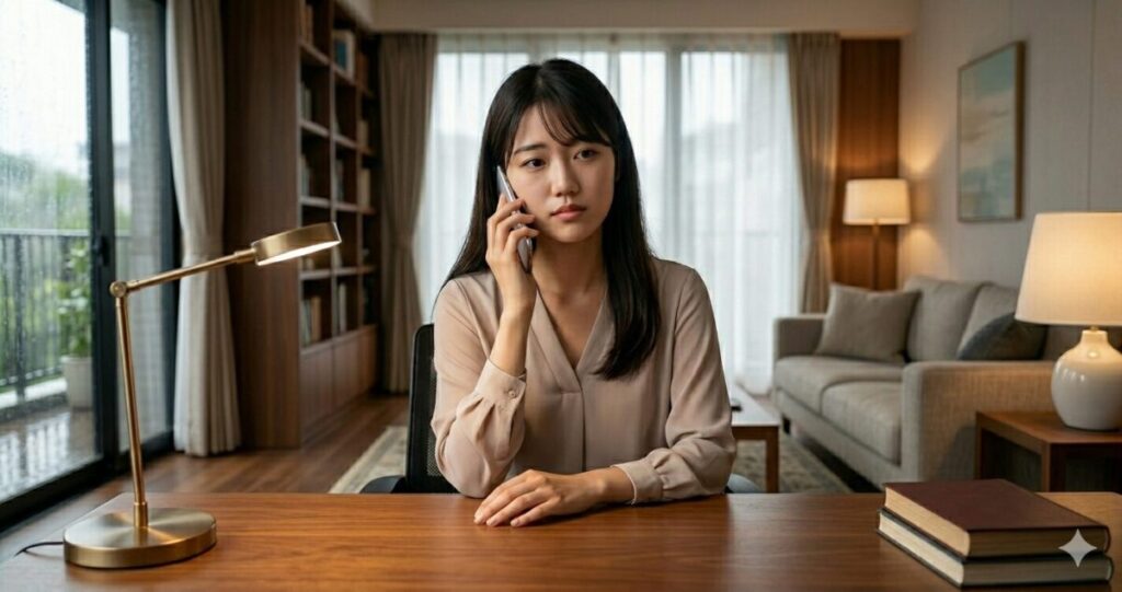 ・スマートフォンで電話占いを利用する女性
・自宅で安心して相談している様子
