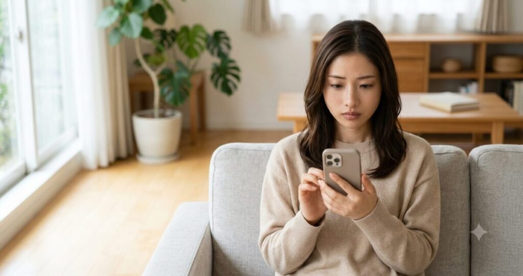 元彼から返信が来ず、不安そうにスマートフォンを見つめる女性。相手の心理が分からず悩んでいる様子