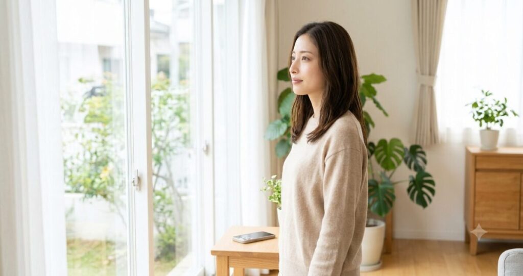 未来へ希望を持ちながら窓の外を見つめる女性。復縁の可能性を考えて前向きになろうとしている