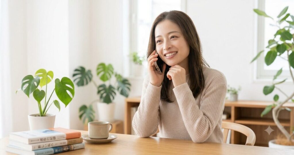 自宅で安心した表情で電話相談をしている女性。相談後に気持ちが軽くなった雰囲気
