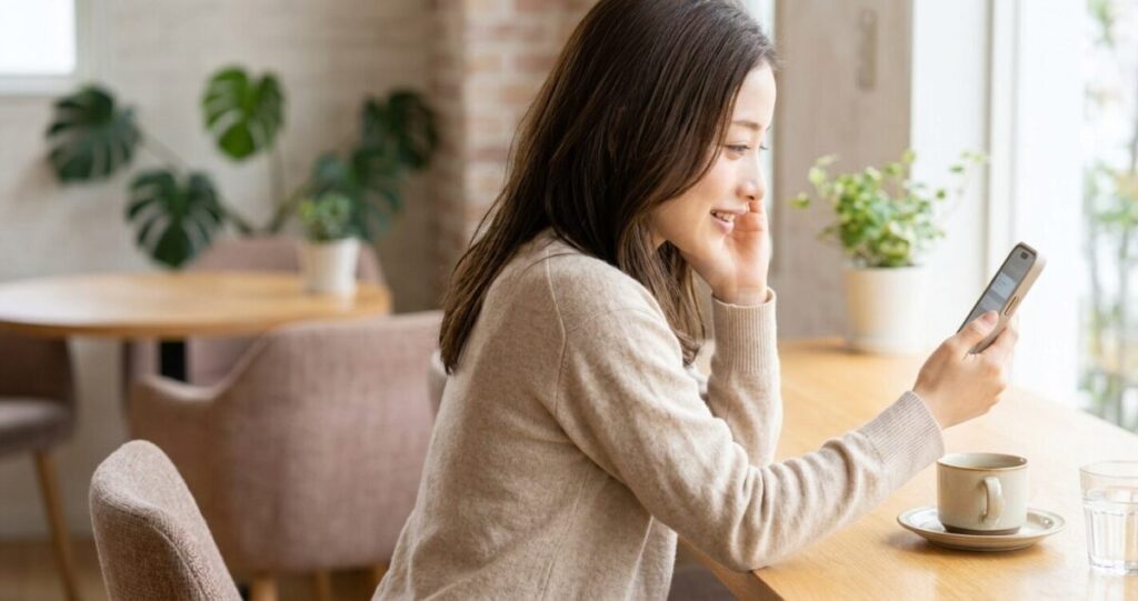 スマートフォンに通知が届き、少し安心したような表情を見せる女性。
