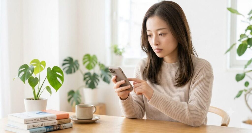 スマートフォンを見つめながら送信をためらう女性。
・真剣な表情
・送信ボタンを押す直前
・冷静に考えている雰囲気
