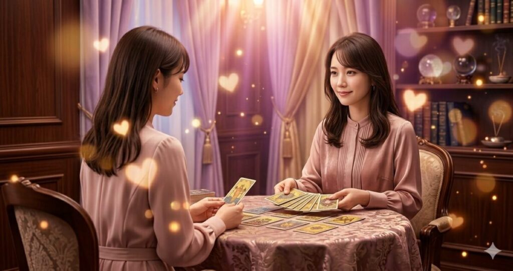 神秘的な占い師女性が相談者を優しく見守る構図
