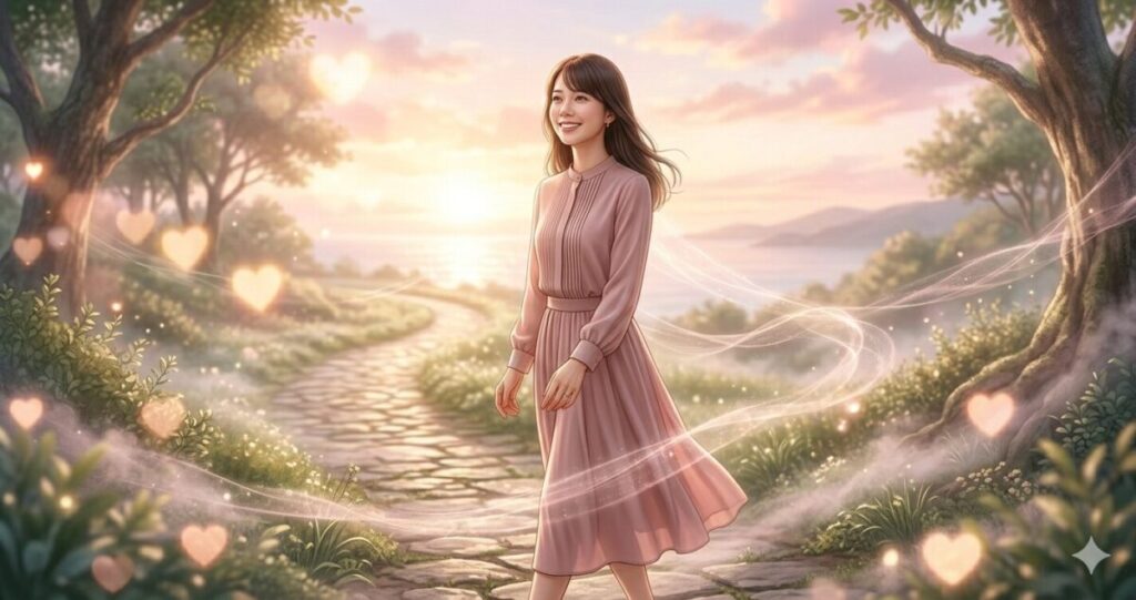 未来へ向かって歩き出す女性
恋愛成就をイメージする幻想的な演出
