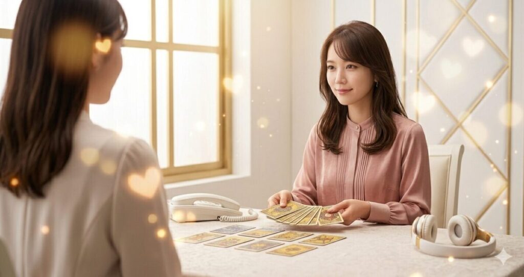 落ち着いた雰囲気の女性占い師
神秘的な光に包まれながら相談者と向き合う様子
