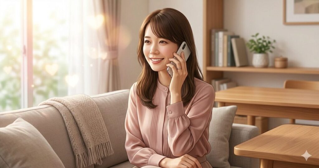 自宅でスマートフォンを使い電話相談している女性
相談後に前向きになった雰囲気
