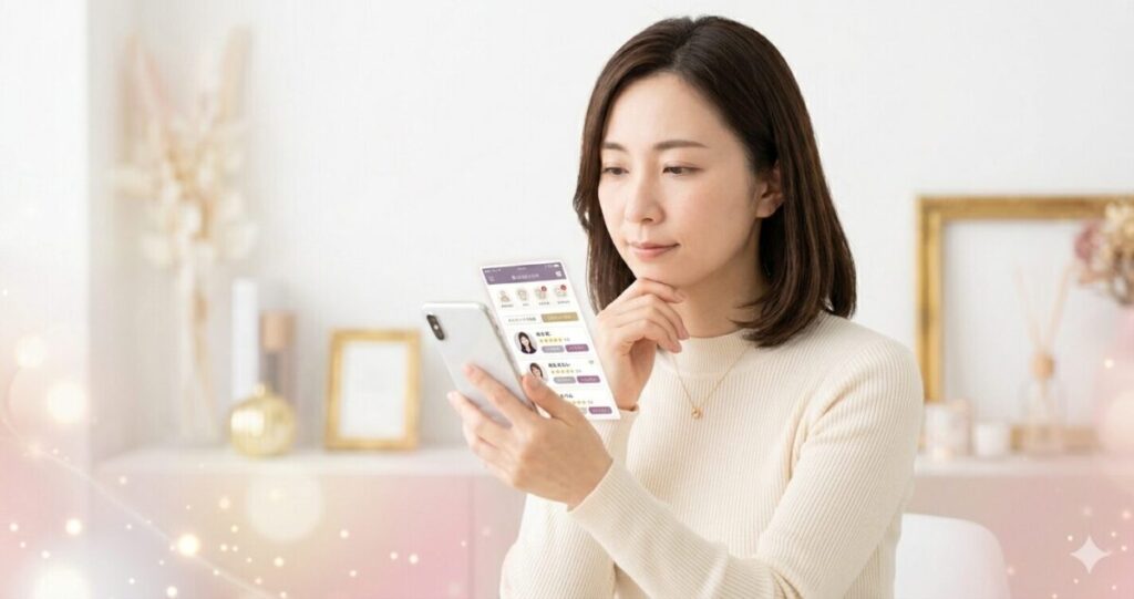 恋愛相談に強い占い師を比較検討している女性。
スマートフォンを見ながら複数の占い師を比較しているイメージ。
