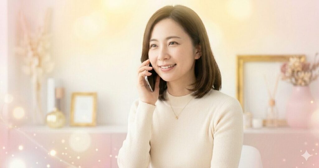 恋愛相談で安心感を得ている女性。
電話占い鑑定を受けながら表情が明るくなっている様子。
