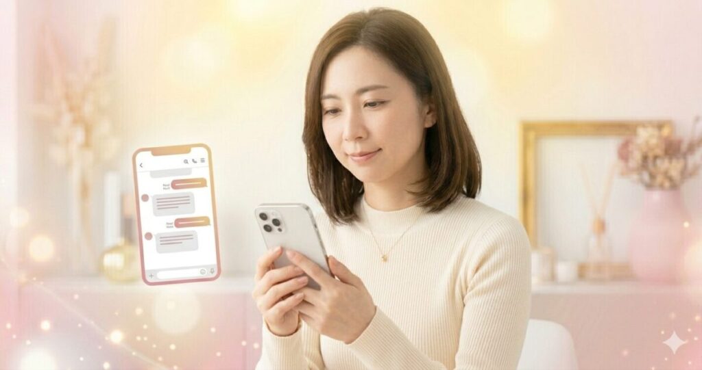 好きな人の気持ちが気になりスマートフォンを見つめる女性。

