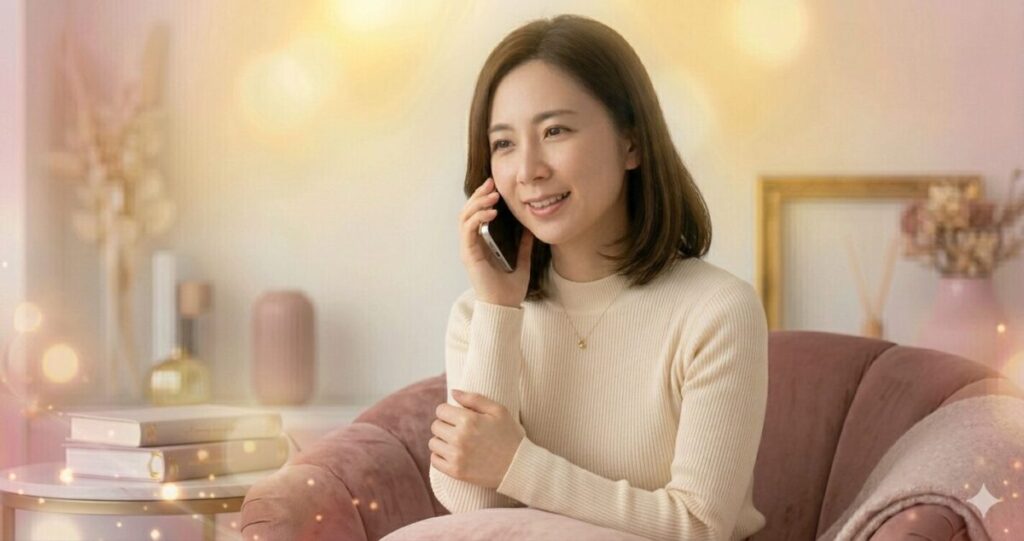 自宅でスマートフォンを使い電話占いを利用している女性。
