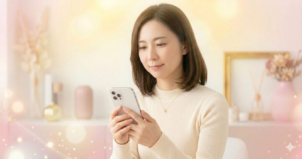 別れた恋人との復縁を願う女性。 スマートフォンの連絡履歴を見つめながら希望を持っている表情。