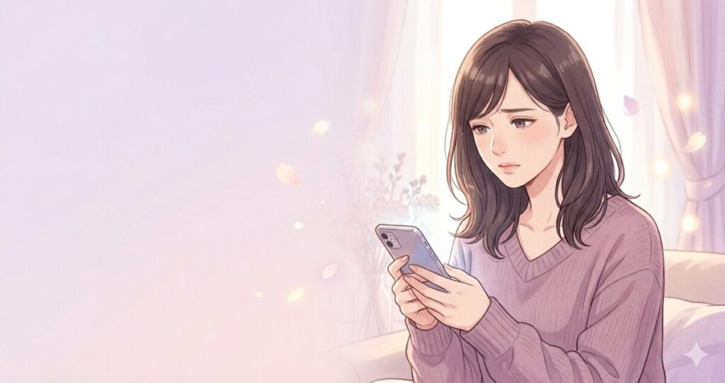 恋愛の悩みを抱えながらスマホを見ている。
少し不安そうだが落ち着いた表情。
